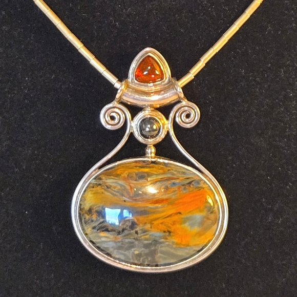 Signed SAJEN Pendant 925 Sterling Silver Tigers Eye Amber VTG (No Chain) - Picture 1 of 7
